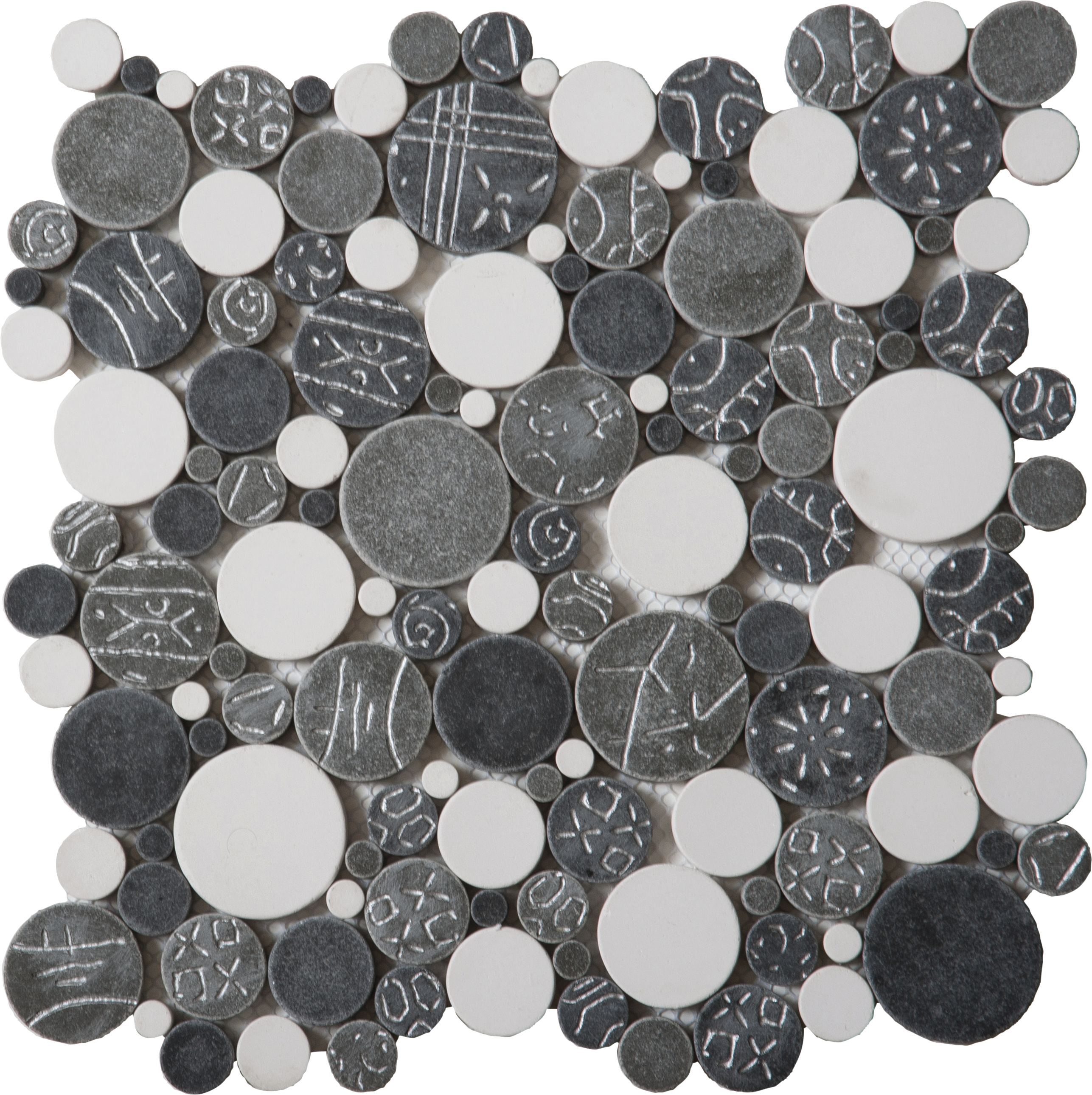 White Grey Silver Penny Rounds Glass Mosaic