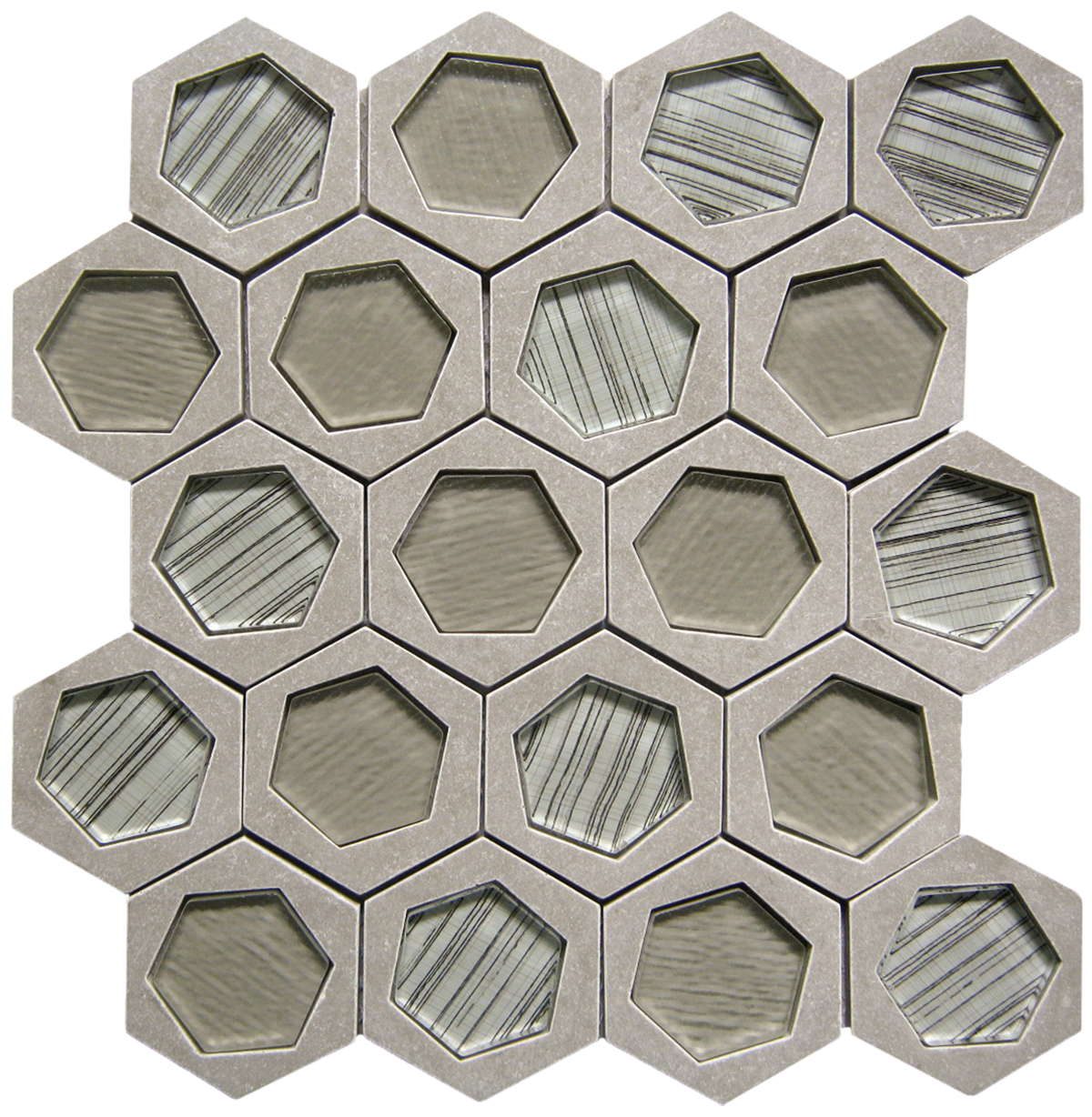 White/Grey/Beige Stone/Glass Mix Hexagon Mosaic