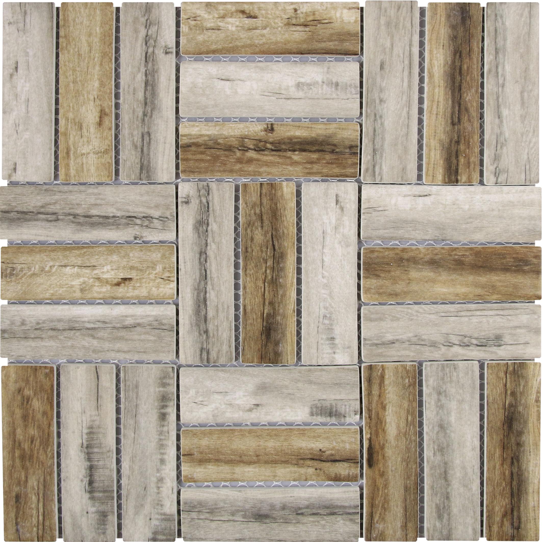 Stacked Square Wood Look Beige Brown Matte Mosaic