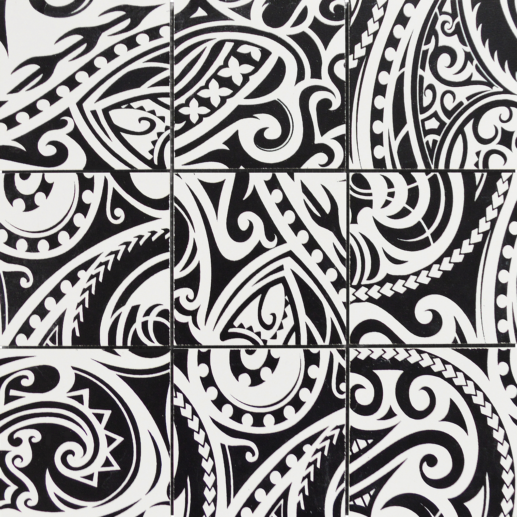 4"x4" Maori Native Series Black & White Glazed Ceramic